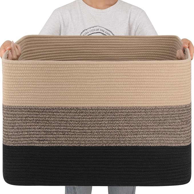 OIAHOMY 108L Extra Large Blanket Basket Dog Toy Basket Yellow Black | Rectangle Woven Baskets for Storage Cotton Rope Basket For Living Room Toy Storage Blanket Storage Laundry Basket by MasterofSpaceOptimization