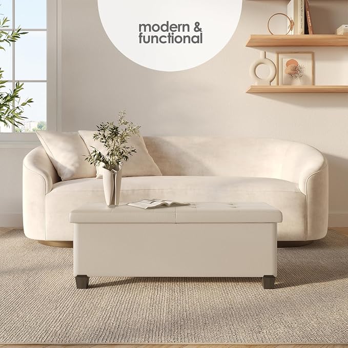 Storage Ottoman Bench with Bins, 43-in Storage Bench for Bedroom End of Bed, Folding Foot Rest Ottoman for Living Room Max 660lbs, Leather Ottomans, Beige - Image 2