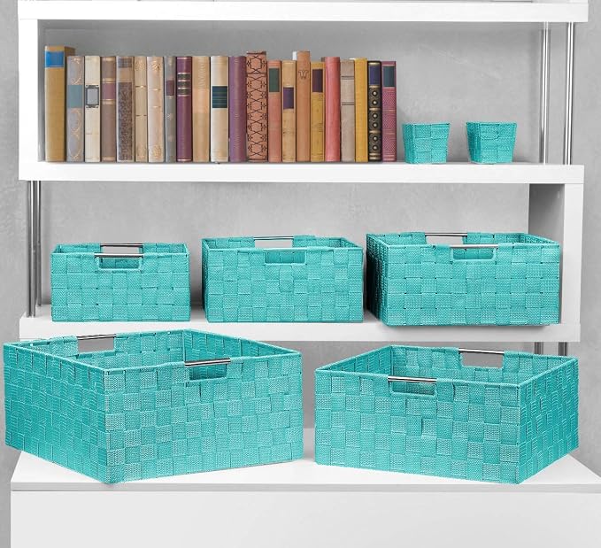 Sorbus Storage Baskets for Organizing (Set of 7), Mesh Hand-Woven Design, Linen Closet Organizers and Storage, Organizer Storage Baskets for Shelves, Variety Pack Organizers and Storage (Aqua) - Image 4
