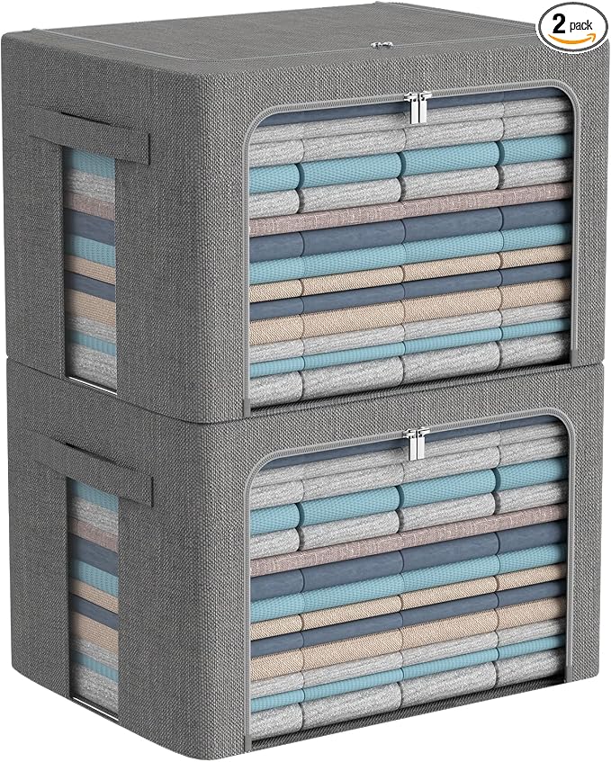 CYhom Extra Large Clothes Storage Bins - Linen Fabric Foldable Stackable Container Organizer Set with Clear Window & Carry Handles & Metal Frame (Dark Gray, Extra Large-100L) by CYhom