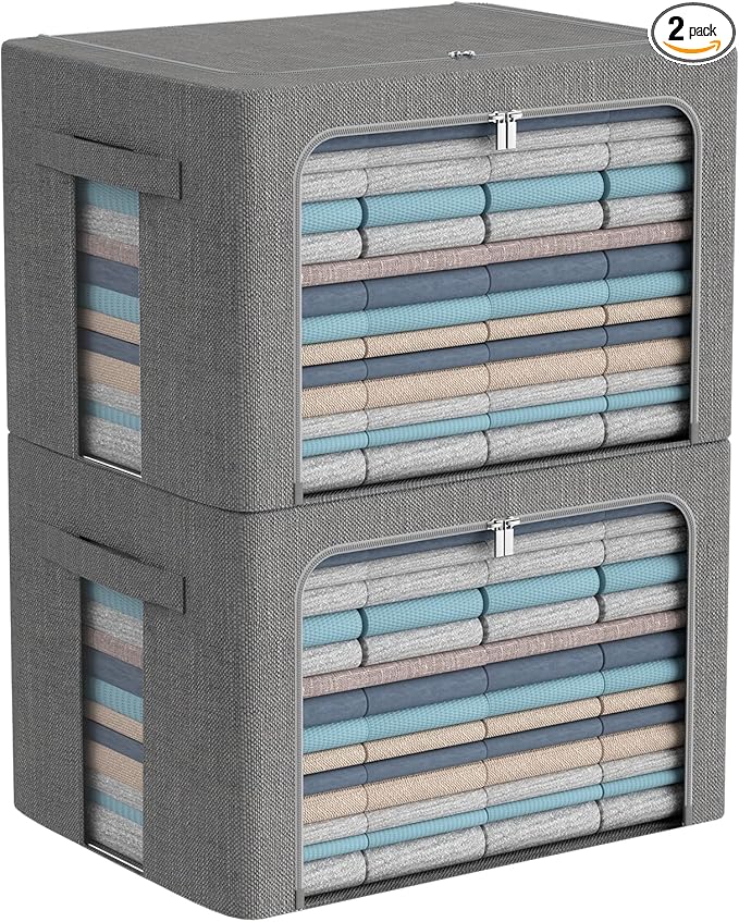 CYhom Extra Large Clothes Storage Bins - Linen Fabric Foldable Stackable Container Organizer Set with Clear Window & Carry Handles & Metal Frame (Dark Gray, Extra Large-100L) by CYhom