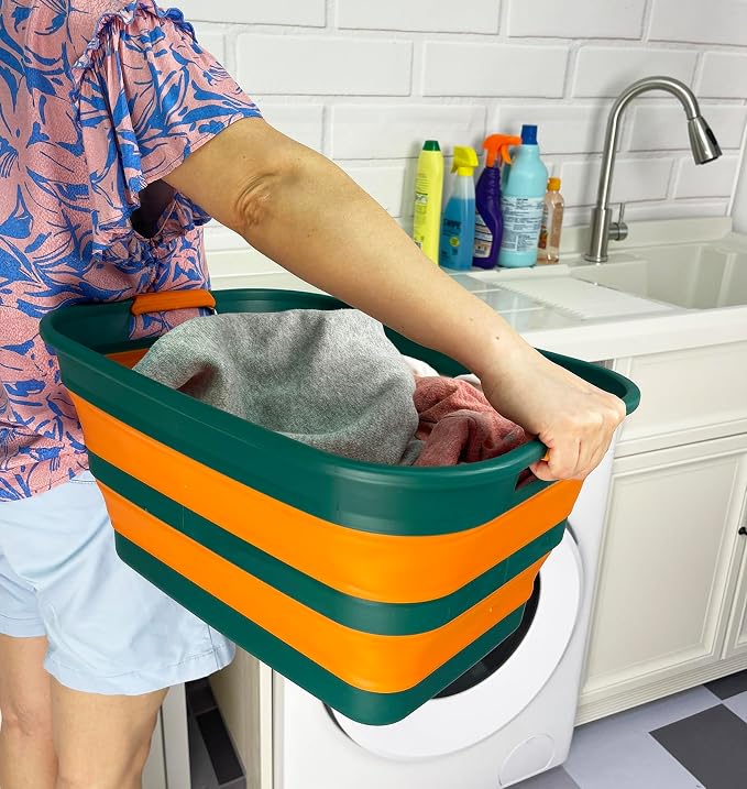 SAMMART Collapsible Plastic Laundry Basket with Handle/Foldable Pop Up Storage Hamper/Portable Laundry Organizer-Space Saving Washing Tub/Household Storage (Teal Green/Autumn leaf, 27L) - Image 5