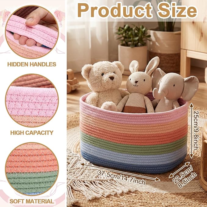 FoldTier 3 Pack Boho Storage Bins Cute Large Teacher Woven Baskets Storage Return to School Treasure Box for Kid Daycare Elementary Preschool Book Closet Shelf Nursery Decor 15 x 9 x 10 Inches - Image 2