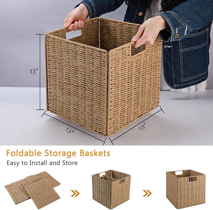 Wicker Baskets, Set of 2 Hand-Woven Storage Baskets for Shelves with Handles, Foldable Cube Wicker Storage Basket Bins Organizer 13 Inches Large Woven Baskets for Storage Organizing & Decor - Image 2