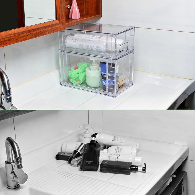 Medium Clear Stackable Storage Drawers (2 Pack), High-strength Acrylic Organizer Bins with Handles, Plastic Drawers for Fridge Bathroom Cabinet Closet Undersink Pantry Kitchen Makeup Storage - Image 6