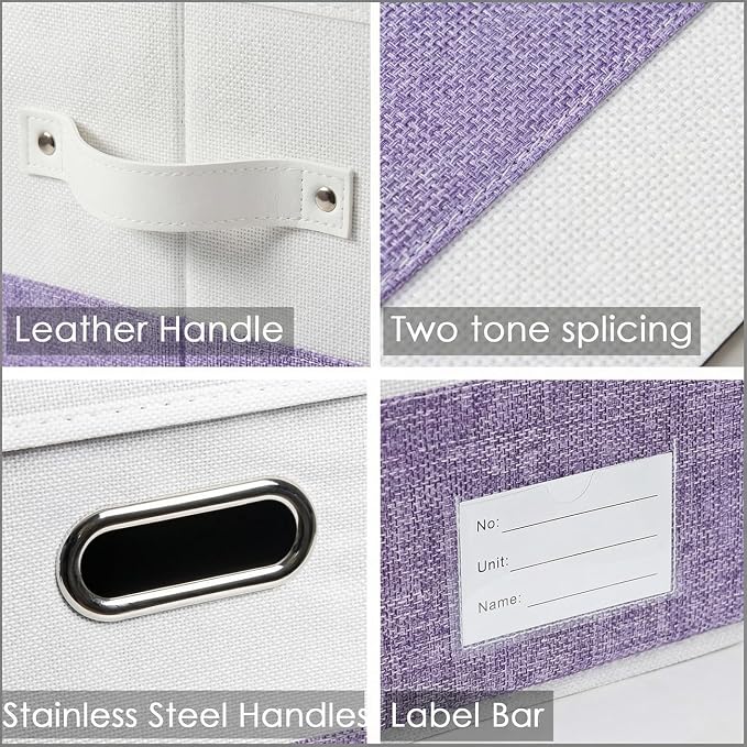 Storage Bins with Lids [3-Pack] Linen Fabric Foldable Storage Boxes Organizer Containers Baskets Cube with Cover for Bedroom Closet Office White&Purple (23.4X15.9X11.4) - Image 7