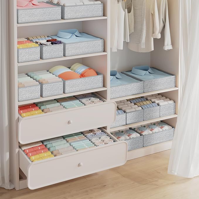 DIMJ Drawer Organiser System Underwear Organiser – Set of 15 Wardrobe Storage Box Cabinet, Changing Table Organiser, Fabric Boxes Storage for Clothes, Socks, Texture Grey - Image 3