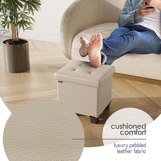Storage Ottoman Cube with Small Bin, 15-in Square Ottoman with Storage for Living Room and Bedroom, Small Ottomans Foot Rest, Leather Foot Stools Ottomans Max 330lbs, Beige - Image 7