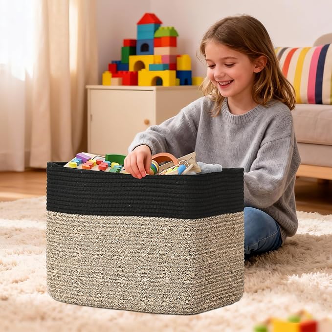 3 Pack Cube Storage Bin, 17”x12”x12” Cotton Rope Woven Baskets for Organizing Toys Clothes Towels, Square Gift Storage Baskets for Shelves, Nursery, Closet, Bathroom, Pantry (Black & Brown) - Image 5