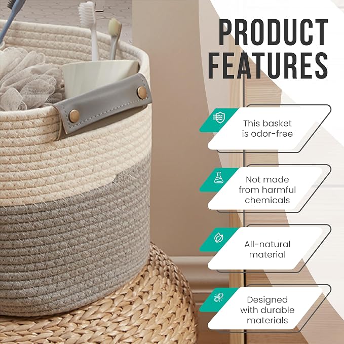 3 Pack Woven Cotton Rope Storage Basket, 15x10x9, White/Gray | Faux Leather Handles; Decorative Closet Shelf Organizer; Ideal for Storage & Organization - Image 6