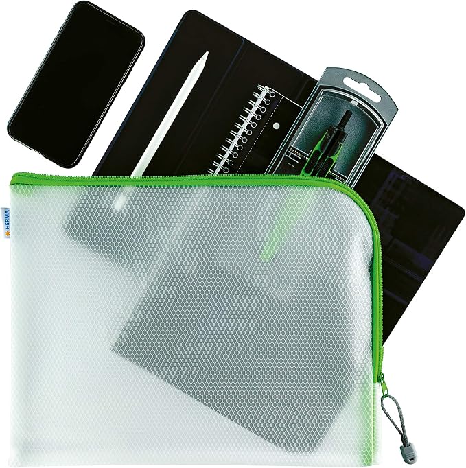 HERMA 20016 Zip Document Bag A4, Transparent (36 x 28 cm) Large Zippered mesh Pouch with Zipper for Laptop, Tablet, Books, Papers, Toys, Clear Storage Wallet with Zipper in Green - Image 2