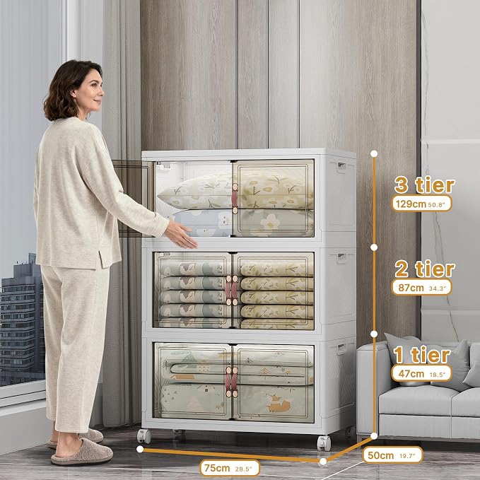 Stackable Storage Bins, 525QT Collapsible Drawers with 1 Lid | Large Capacity, Magnetic Door, Stack Lock, Rolling Wheels, Foldable Design, Organizers and Storage for Bedroom Dorm Garage - Image 2