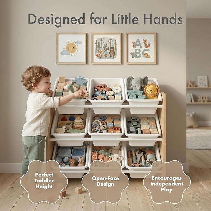 Humble Crew Kids Toy Organizer with 9 Bins, 3 Tier Storage for Playroom | Sturdy wood and steel toddler shelf, removable BPA-free containers, wall anchor anti-tip safety kit for bedroom or classroom - Image 3