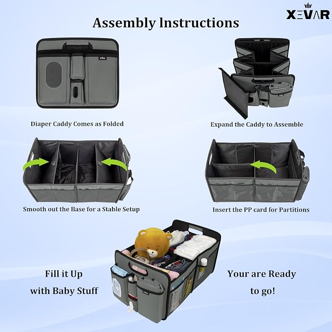 Baby Diaper Caddy Organizer with Changing Mat - Portable Car Caddy for Newborn Essentials, Diapers & Wipes, Perfect for Baby Shower and New Mom | Oxford Fabric, Grey - Image 4