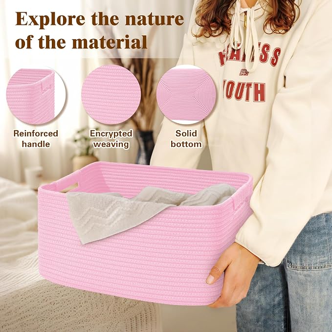 2 Pack Large Storage Basket for Organizing, 17.5"x13"x7" Woven Basket for Shelves, Closet Cube Storage Bins with Wrapped Handle, Cotton Rope Baskets for Kitchen, Clothes, Toys(Light Pink) - Image 3