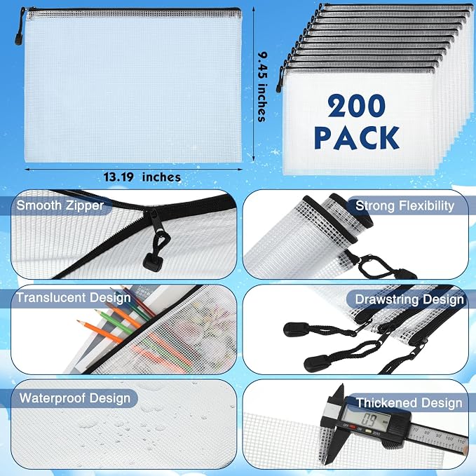 200 Pcs A4 Mesh Zipper Pouch Bulk Waterproof Mesh Zipper Organizer Plastic File Folder Case for School Office Supplies Document Board Games Puzzle(Black) - Image 2