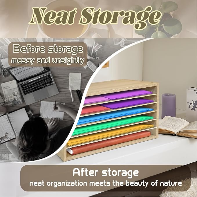 Construction Paper Organizer 20" x 13.5" x12.2",Soild Wooden Paper Organizer with 6-Tier Letter Trays, Desktop File Papers Sorter for Home, Classroom and Office (White Oak) - Image 4