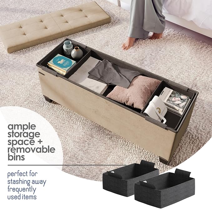 Storage Ottoman Bench with Bins, 43-in Storage Bench for Bedroom End of Bed, Folding Foot Rest Ottoman for Living Room Max 660lbs, Velvet Ottomans, Taupe - Image 3