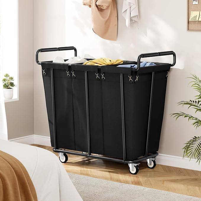 Gewudraw 3 Section Heavy Duty Laundry Sorter Cart with Wheels, 360L, Black | Rolling Laundry Hamper Sorter Cart, Extra Large Laundry Clothes Hamper, Laundry Basket Organizer for Bathroom, Bedroom, Hotel - Image 5