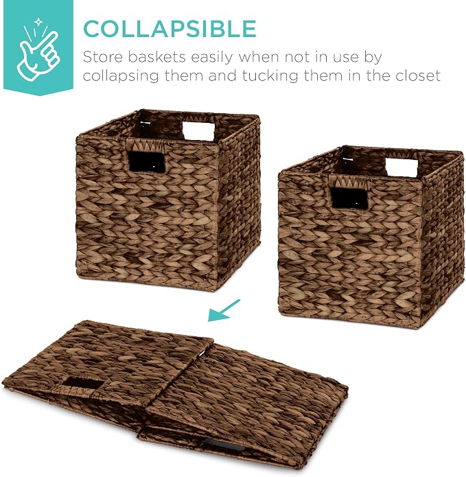 Best Choice Products 13x13in Pack of 5 Cube Storage Baskets, Water Hyacinth Multipurpose Collapsible Organizers, Handwoven Laundry Totes for Laundry, Living Room, Kids Room & Nursery - Brown - Image 3
