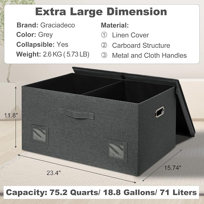 Graciadeco 75 Quarts Extra Large Decorative Storage Bins with Lids, 3 Packs Dark Gray Collapsible Storage Bins with Lids, Stackable Storage Bins Decorative Box Storage With Lid Extra Large | 75 Quarts 3 Pack Dark Gray Collapsible Stackable Linen Fabric... - Image 2