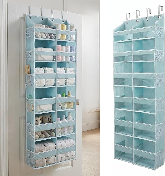 Over the Door Organizer, 6-Tier XL, 100D Fabric, Baby Blue | Extra wide over the door organizer, 65 lb capacity, 12 side mesh pockets, heavy-duty 100D fabric, bedroom & nursery storage by HomeluxTheory