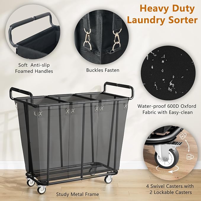 Gewudraw 3 Section Heavy Duty Laundry Sorter Cart with Wheels, 360L, Black | Rolling Laundry Hamper Sorter Cart, Extra Large Laundry Clothes Hamper, Laundry Basket Organizer for Bathroom, Bedroom, Hotel - Image 2