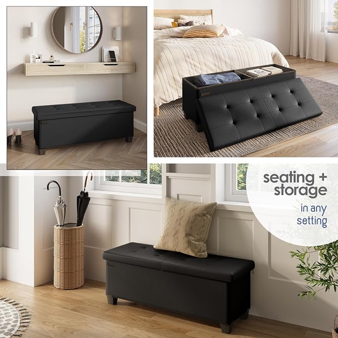 Storage Ottoman Bench with Bins, 43-in Storage Bench for Bedroom End of Bed, Folding Foot Rest Ottoman for Living Room Max 660lbs, Faux Leather Ottomans, Black - Image 4