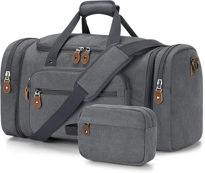 Gonex Canvas Duffle Bag, Expandable 60L Travel Overnight Weekender Bag | for Men, with Toiletry Bag, Multiple Pockets, Carry-On Size, Durable Zippers, Detachable Strap, Gray by Gonex