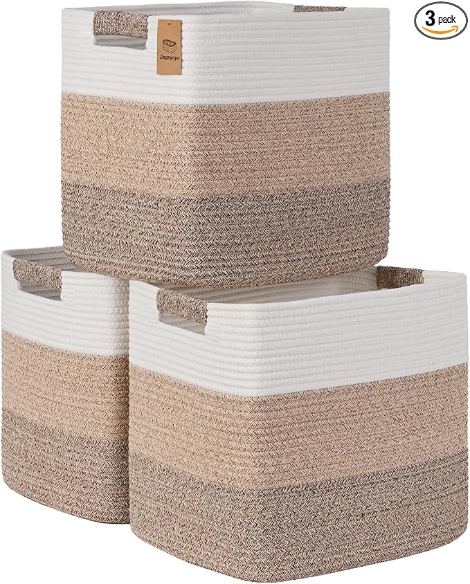 15×13 Inch Storage Cubes, 3 Pack Cube Storage Bins for Organizing, Cotton Rope Woven Baskets for Shelves, Bathroom, Kids Room, Closets, Baby Nursery by Degeyoyo