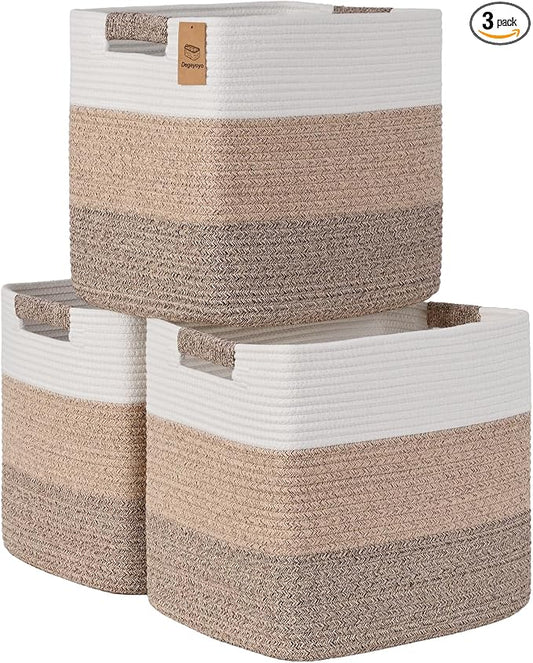 15×13 Inch Storage Cubes, 3 Pack Cube Storage Bins for Organizing, Cotton Rope Woven Baskets for Shelves, Bathroom, Kids Room, Closets, Baby Nursery by Degeyoyo