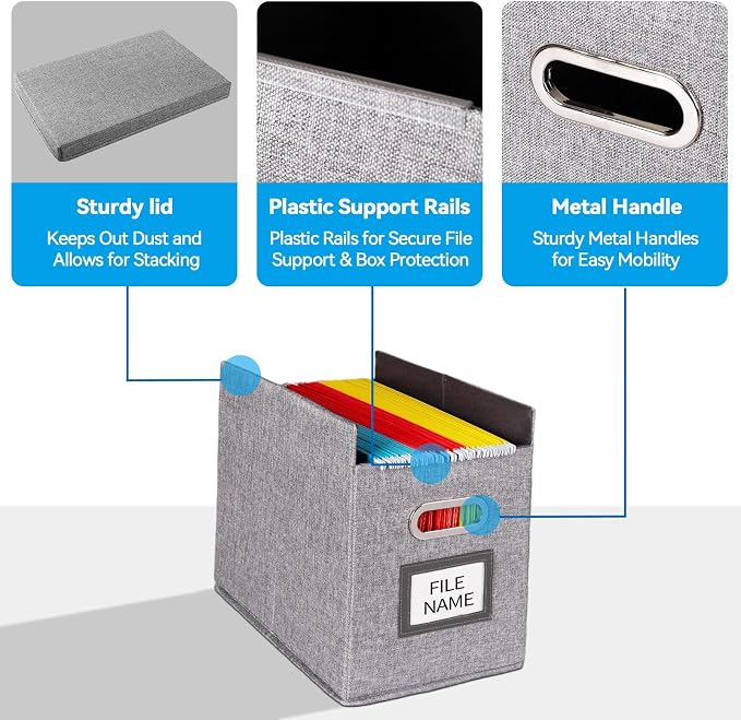 2 Pack Hanging File Folders Organizer with Lid, Letter Size Fabric File Storage Box Collapsible, Portable Office Document Holder with Metal Handle, Smooth PVC Rails, Gray - Image 5