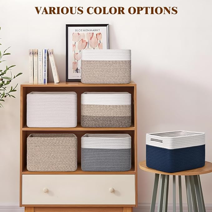 Storage Baskets for Organizing, 4 Pack Baskets for Shelves, Decorative Storage Bins for Shelves, Cotton Rope Storage Basket with Handles, Woven Basket for Storage, 13''Lx8.7''Wx7.9''H, Gradient Brown - Image 7