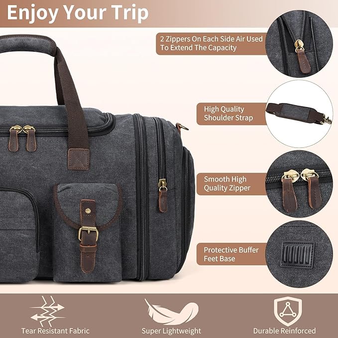 Mens Duffle Bag for Travel, 60L Canvas Expandable Overnight Weekender Bag | Shoe Compartment, Carry-On Size, Multiple Pockets, Detachable Strap, Toiletry Bag & Packing Cube Include, Dark Gray - Image 2