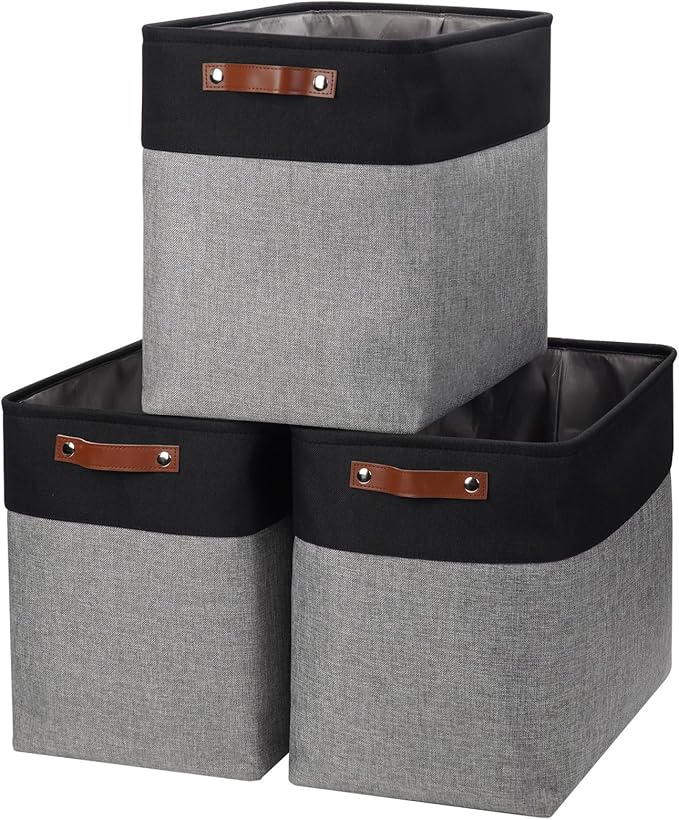 Large Fabric Storage Baskets | 50L Storage Bins, Decorative Linen Closet Baskets with Handles for Organizing, Shelf, Toys, Clothes, Home, Office, Nursery, 17x12x15Inches (Gray&Black) by Bagnizer