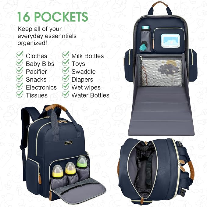 Diaper Bag Backpack with Changing Station, Baby Diaper Organizer Travel Bag | Large Capacity Diaper Bag for Moms Dads - Fold Out Changing Pad, Insulated Pockets, Stroller Straps, Baby Eessentials - Image 3