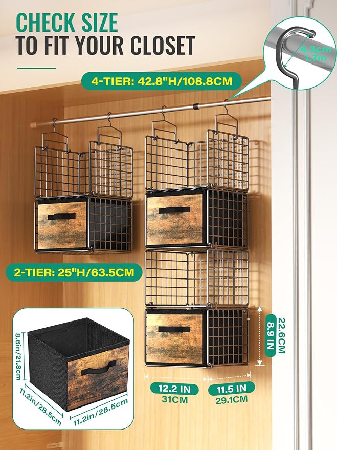Hanging Closet Organizer with Drawers, 4 Tier Metal Closet Organizers and Storage with 4 Hanging Hooks 4 S-Hooks for Wardrobe Laundry Room, Wire Storage Shelf for Clothes Sweaters Pants (Black) - Image 2