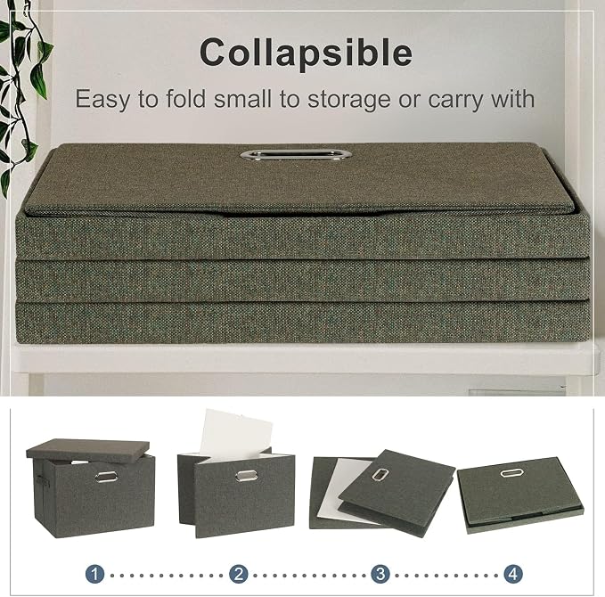 Storage Bins with Lids Fabric Closet Organizers Cubes Office Organization | 36 Quart 3 Pack Dark Green Collapsible Stackable Linen Fabric 4 Handles Bedroom Closet Cabinet Under Bed Clothes Toy Office - Image 4