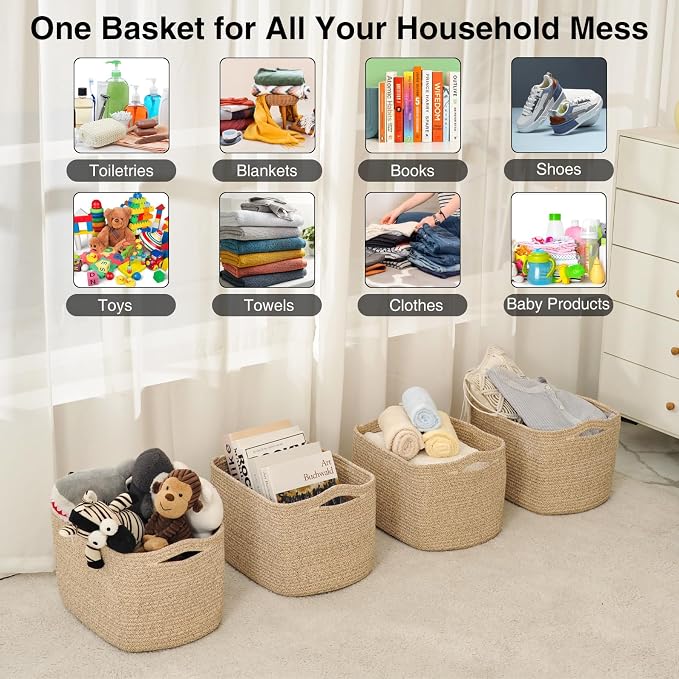 ICERZCZ Rope Storage Baskets for Organizing, 15x11x9 Mixed Brown 4 Packs | Woven Cotton Rope Baskets for Shelves, Organization Bins for Dog Toys Clothes Books, Nursery Bathroom Bedroom Organizer - Image 3