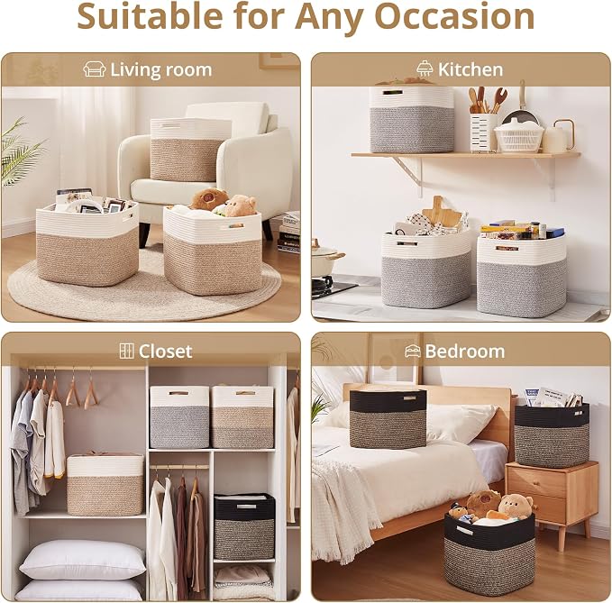 OIAHOMY 13 Inch Cube Storage Bins, 3-Pack Cotton Rope Woven Baskets for Organizing, Insert Storage Baskets for Shelves, Baby Nursery, Closet Organizer, 13 * 13 * 12.6IN, Black & Mixed Brown - Image 6