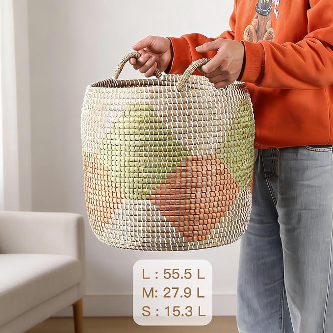 Laundry Hamper Basket Set of 3, Handwoven Natural Seagrass Storage Baskets with Handles for Home, Bedroom, Living Room & Laundry, Organization for Clothes, Toys, Blankets, 55.5L & 27.9L & 15.3L - Image 7