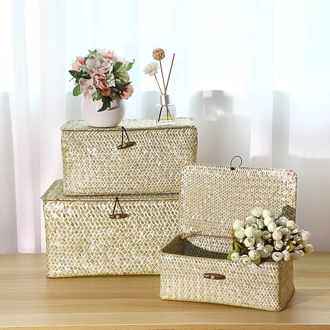 Hipiwe Set of 3 Wicker Storage Basket Bin with Lid Large Woven Seagrass Box | Handmade Shelf Basket Bins Rectangular Nesting Household Organizer Boxes for Shelf Closet Wardrobe Organizer, Whitewash - Image 2