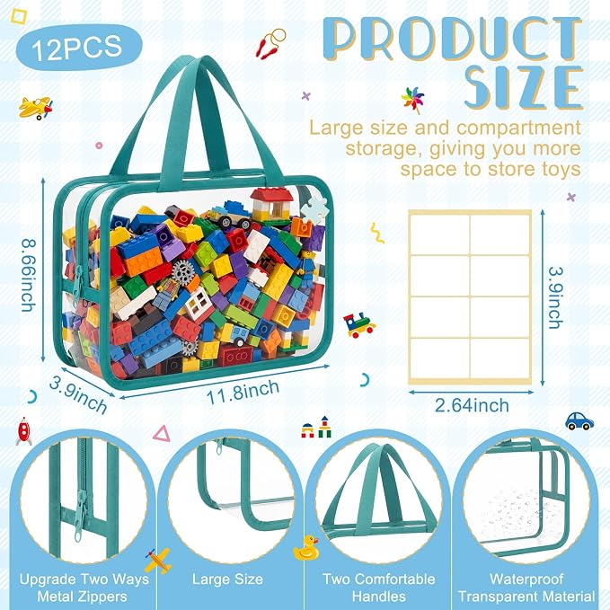 12 Pack Large Toy Storage Bags with Labels, Reusable Clear PVC Toy Organizer with Zipper, Large Colord Waterproof Reusable Bags for Building Blocks, Puzzle, Stationery, Kids Books - Image 2