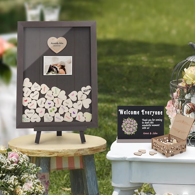 SELEAD Solid Wood Wedding Guest Book Alternative, Drop Top Words Sign Board | Rustic Wedding Reception Picture Frame with Chalkboard, 100pcs Wooden Hearts, Storage Box for Party Anniversary Birthday - Image 2