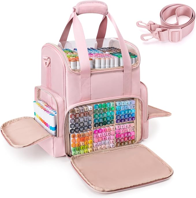 Rexmica Double Layer Marker Organizer Bag for 400 Markers, Pink | Inner Dividers, Shoulder Strap, Large Marker Storage Case for Art Marker/Coloring Book/Painting Supplies, Patented Design by Rexmica