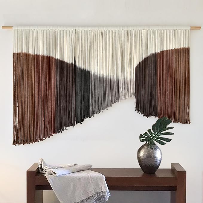 Jakalin Macrame Wall Hanging Brown Geometric Fiber Art Living Room 33" x57" | Geometric Dip-dyed Macrame Wall Art With Rich Brown-red Tones, Boho Texture, Artisan Character, and Home Style. - Image 2