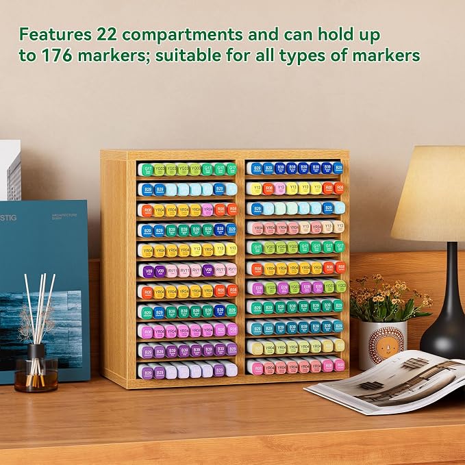 YMYNY Wooden Marker Organizer,Natural Wood Color11.81*5.31*11.81"HMR001N | Desktop Storage Hold 176 Markers,Pens,Pencils,Art Brushes Stationary Organizer Pencil Holder with 22 Compartments for Home - Image 4
