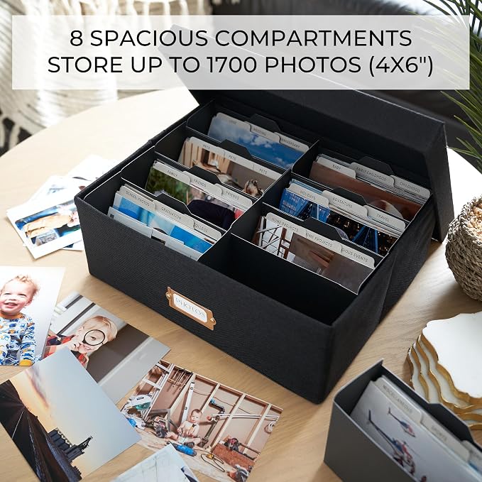 Decorative Photo Storage Box - Sturdy Linen Organizer Holds 1700 Photos | Organizer with Dividers Stores Up to 1700 4x6 Pictures - Portable Scrapbook Storage Containers with Lid - Image 5