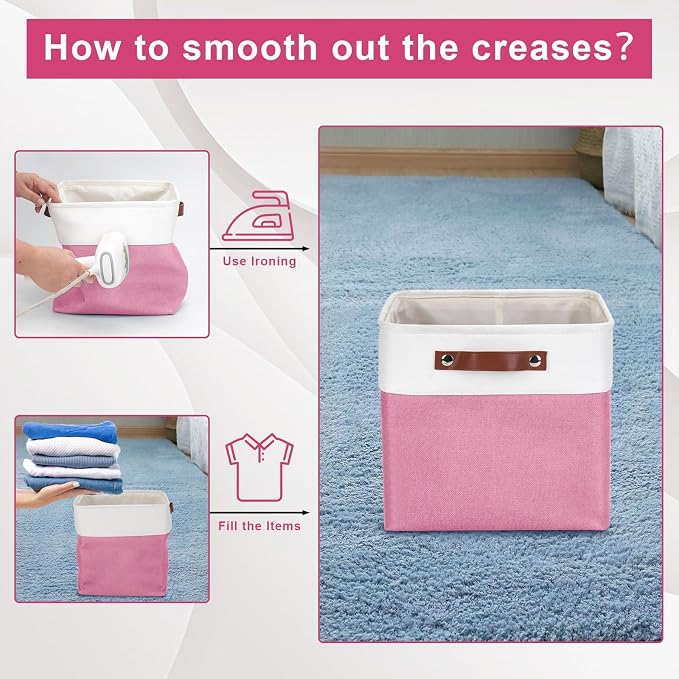 Collapsible Fabric Storage Cubes 11x11 Cube Storage Bins, 4 Pack Closet Baskets Box with Handles for Organizing, Shelf, Toys, Clothes, Home, Office, Nursery (Pink&White) - Image 5