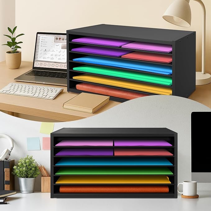Construction Paper Organizer 20" x 13.5" x12.2",Soild Wooden Paper Organizer with 6-Tier Letter Trays, Desktop File Papers Sorter for Home, Classroom and Office (Black) - Image 5